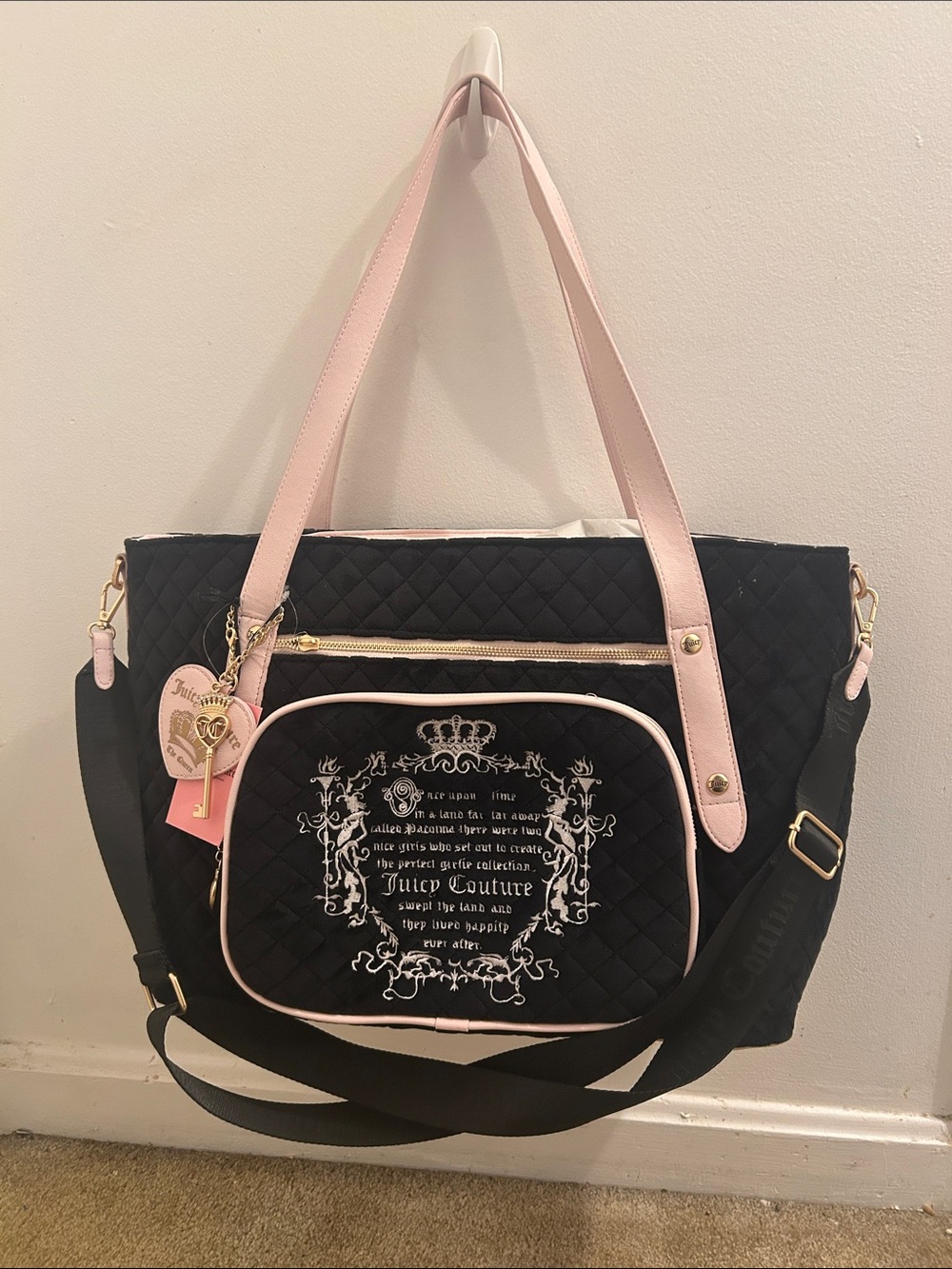 Juicy Couture Black Quilted Tote with Pink Trim and Gold Hardware